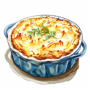 Watercolour painting of a freshly baked cottage fish pie. The dish is depicted in a ceramic baking dish, topped with perfectly browned mashed potatoes and garnished with fresh herbs