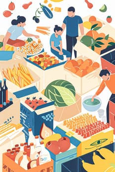 Illustrative painting depicting a bustling food market or food bank scene. Various fresh produce and packaged goods displayed in boxes