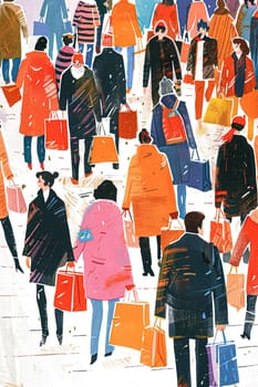 Retro watercolour painting of a women walking while carrying shopping bags, shop and retail idea