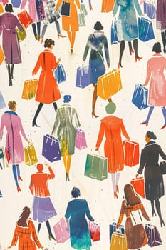 Retro watercolour painting of a women walking while carrying shopping bags, shop and retail idea
