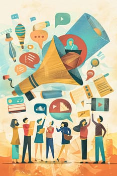Retro art illustration of voting, social media, communication and advertising concept, people crowd vote and brand message idea