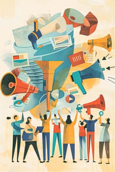 Retro art illustration of voting, social media, communication and advertising concept, people crowd vote and brand message idea
