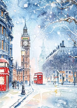 Winter watercolour painting depicting a bustling street in London while snowing. The iconic Big Ben and a red double-decker bus dominate the scene, capturing the essence of the city's atmosphere