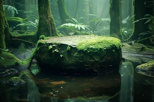 A moss covered rock sits in a pond surrounded by trees. The scene is peaceful and serene, with the water reflecting the trees and the rock