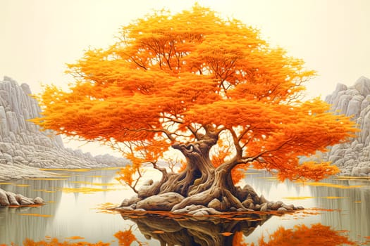 A large tree with orange leaves stands in a field. The tree is surrounded by rocks and the sky is cloudy. The scene has a peaceful and serene mood