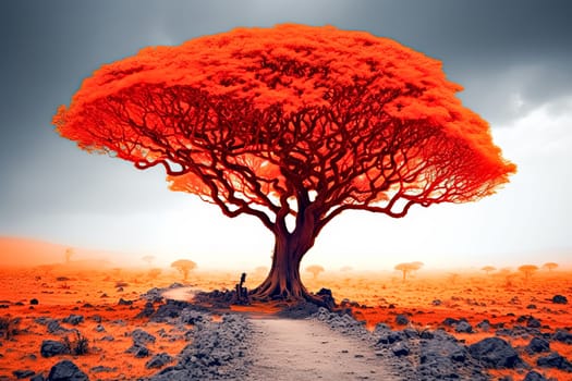 A large tree with orange leaves stands in a field. The tree is surrounded by rocks and the sky is cloudy. The scene has a peaceful and serene mood