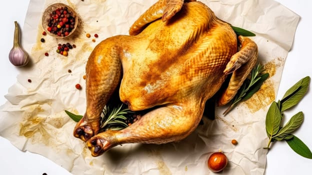 Culinary masterpiece, Baked chicken on parchment with spices and herbs, a delicious creation on a white isolated background in stock photos.