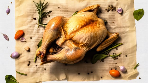 Culinary masterpiece, Baked chicken on parchment with spices and herbs, a delicious creation on a white isolated background in stock photos.