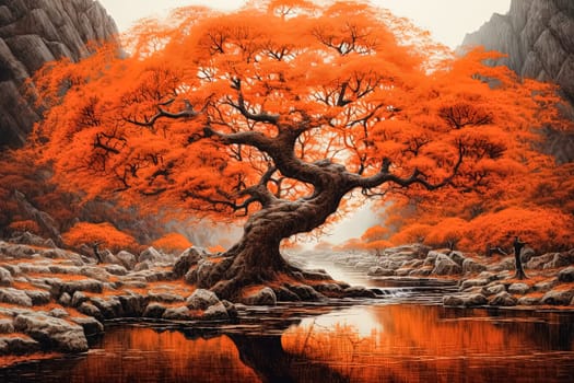 A large tree with orange leaves stands in a field. The tree is surrounded by rocks and the sky is cloudy. The scene has a peaceful and serene mood