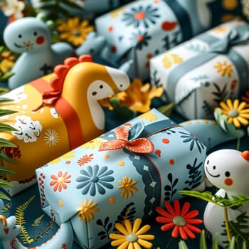 A stack of colorful wrapping paper with a variety of patterns and designs. The paper is arranged in a way that creates a visually appealing display