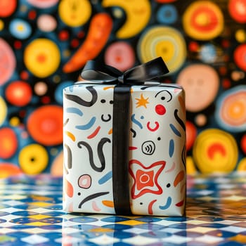 A colorful box with a painting of a landscape on it. The painting is of a river with mountains in the background