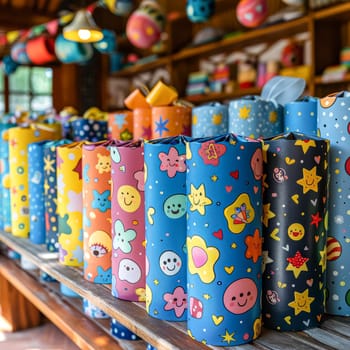 A row of colorful wrapping paper with a variety of patterns and designs. The colors and patterns create a festive and cheerful mood, perfect for wrapping gifts during the holiday season