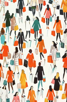 Retro watercolour painting of a women walking while carrying shopping bags, shop and retail idea