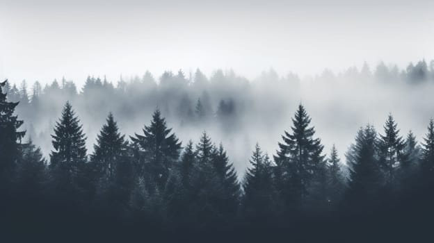 Layers of forested hills shrouded in morning mist present a serene, monochromatic view - Generative AI