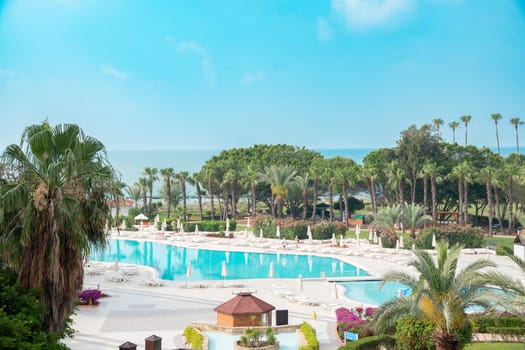 View of the landscape, sea, pool in the hotel courtyard from the window of the second floor room, Belek, Green Max Hotel, Turkey, May 29, 2024