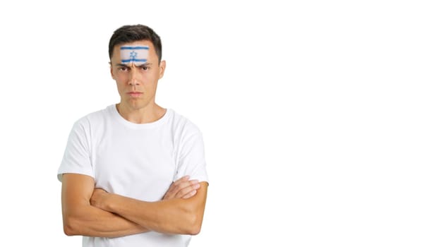 Dignified and serious man with israeli flag painted on face looking the camera with dignity