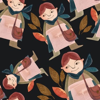 Seamless pattern with magic gnomes, orange autumn leaves, berries, twigs and baskets on a black background. Pattern for wrapping paper, home and seasonal textiles, curtains, tablecloths, kitchen and nursery decoration