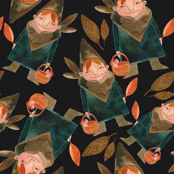 Seamless pattern with magic gnomes, orange autumn leaves, berries, twigs and baskets on a black background. Pattern for wrapping paper, home and seasonal textiles, curtains, tablecloths, kitchen and nursery decoration