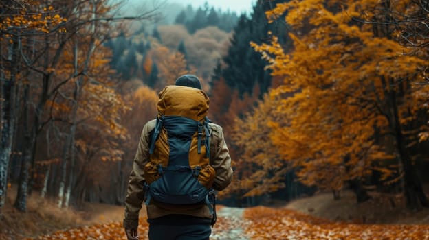 A man is walking down a path in the woods with a backpack on. The leaves on the trees are changing colors, creating a beautiful and serene atmosphere. The man seems to be enjoying his time in nature