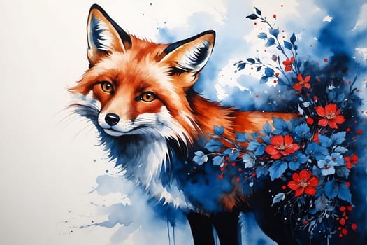 A painting depicting a fox surrounded by vibrant flowers.
