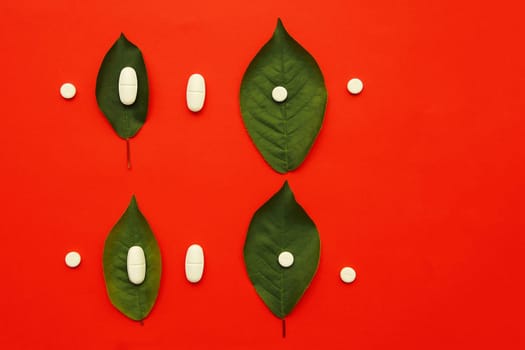 White round and oval tablets, green medicinal leaves lie on a red paper background, top view, flat lei. Herbal medicine concept.