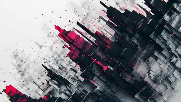 abstract geometric composition featuring sharp, three-dimensional black and red blocks against a white backdrop. The blocks form a cityscape-like appearance with a sense of dynamism - Generative AI