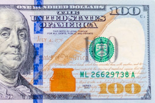 Close up shot of the 100 US dollars note bill.