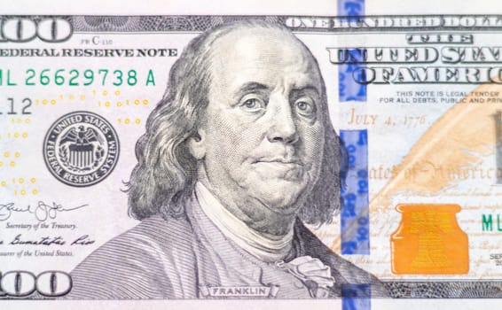 Close up shot of the 100 US dollars note bill.