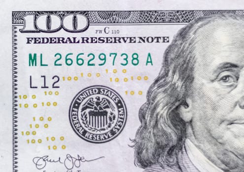 Close up shot of the 100 US dollars note bill.