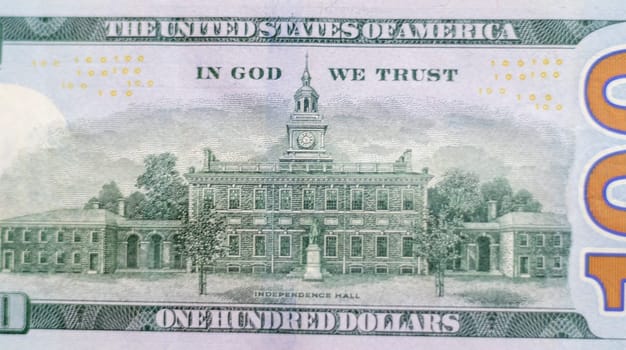 Close up shot of the 100 US dollars note bill.