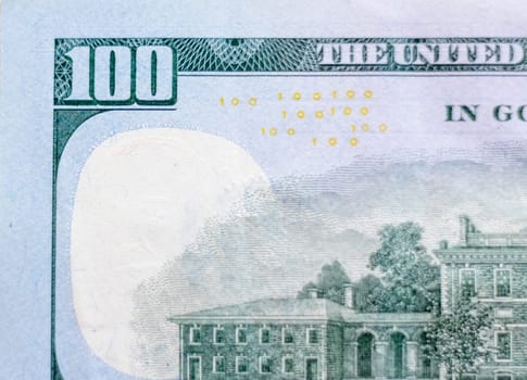 Close up shot of the 100 US dollars note bill.