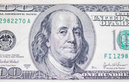 Close up shot of the 100 US dollars note bill.