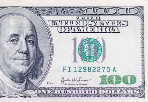 Close up shot of the 100 US dollars note bill.