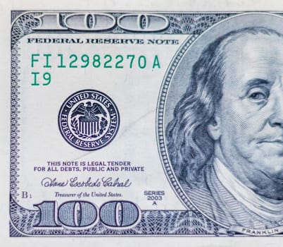 Close up shot of the 100 US dollars note bill.