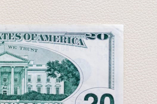 Close up shot of the US dollars note bill on the white leather background