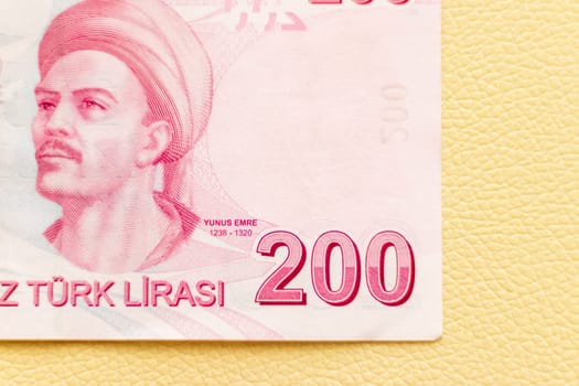 Close up shot of the Turkish lira note bill on the white leather background.