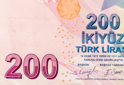 Close up shot of the Turkish lira note bill