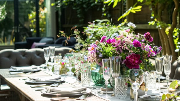 Summer party celebration in the garden, outdoor lounge and countryside house patio decor, English country cottage house design idea