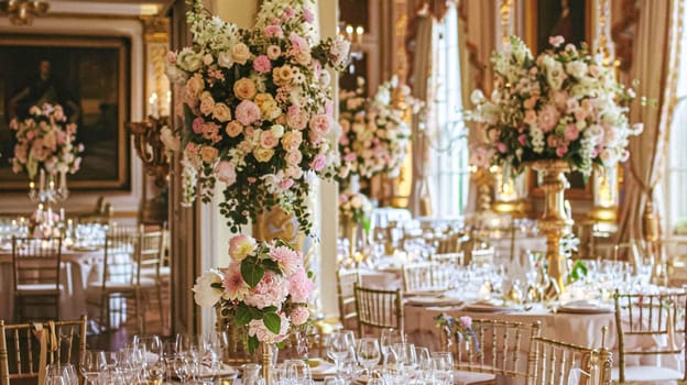 Grand wedding decoration in the country manor, floral decor and event celebration, flowers, wedding aisle and tablescape in the garden, English countryside style idea
