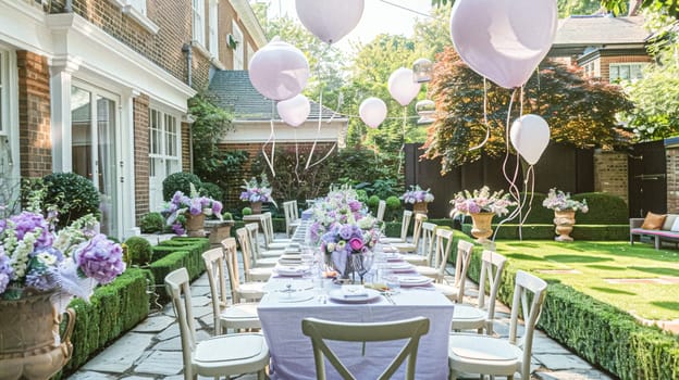 Summer party celebration in the garden, outdoor lounge and countryside house patio decor, English country cottage house design idea
