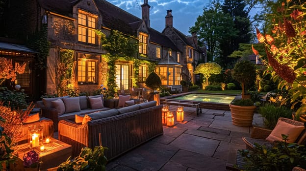 Summer party celebration in the garden, outdoor lounge and countryside house patio decor, English country cottage house design idea