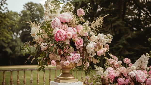 Wedding decoration with peonies, floral decor and event celebration, peony flowers and wedding ceremony in the garden, English country style