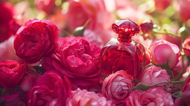 Perfume bottle in flowers, fragrance on blooming background, floral scent and cosmetic product idea