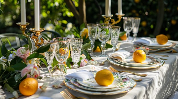 Table decor with fruits in citrus garden, holiday tablescape and dinner table setting, formal event decoration for wedding, family celebration, English country and home styling