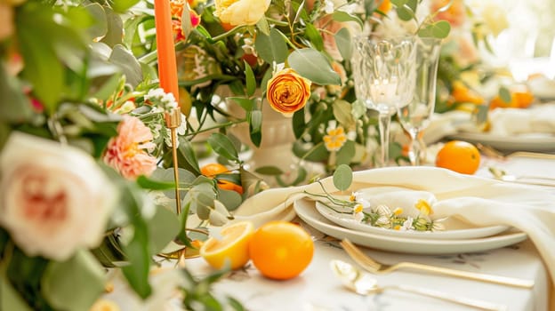 Table decor with fruits in citrus garden, holiday tablescape and dinner table setting, formal event decoration for wedding, family celebration, English country and home styling