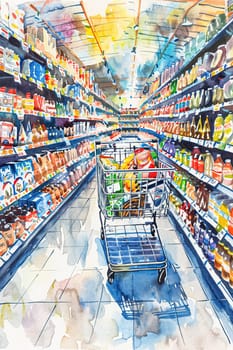 Watercolour painting of a supermarket aisle filled with various products. A shopping cart brimming with groceries stands in the centre, capturing the essence of a busy shopping experience
