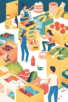 Illustrative painting depicting a bustling food market or food bank scene. Various fresh produce and packaged goods displayed in boxes