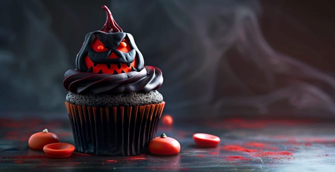 Scary Halloween cupcake in deep dark background.