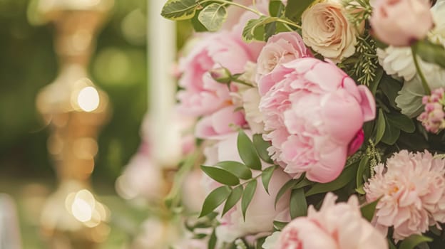 Wedding decoration with peonies, floral decor and event celebration, peony flowers and wedding ceremony in the garden, English country style