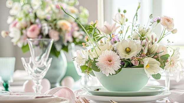 Easter tablescape decoration, floral holiday table decor for family celebration, spring flowers, Easter eggs, Easter bunny and vintage dinnerware, English country and home styling